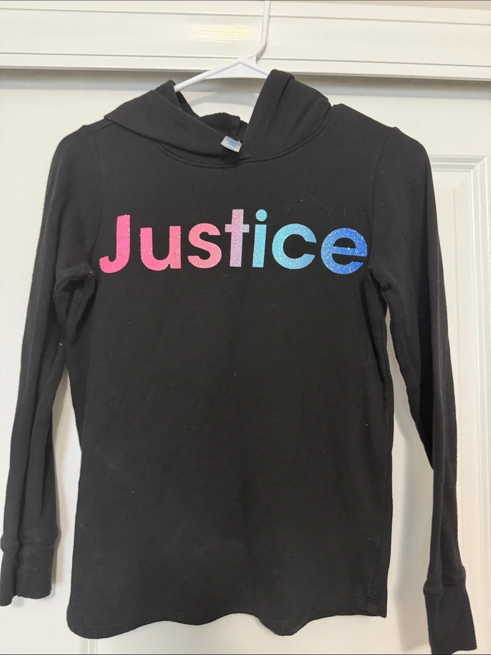 Justice Black Hoodie with Pink-to-Blue Ombre Glitter Logo